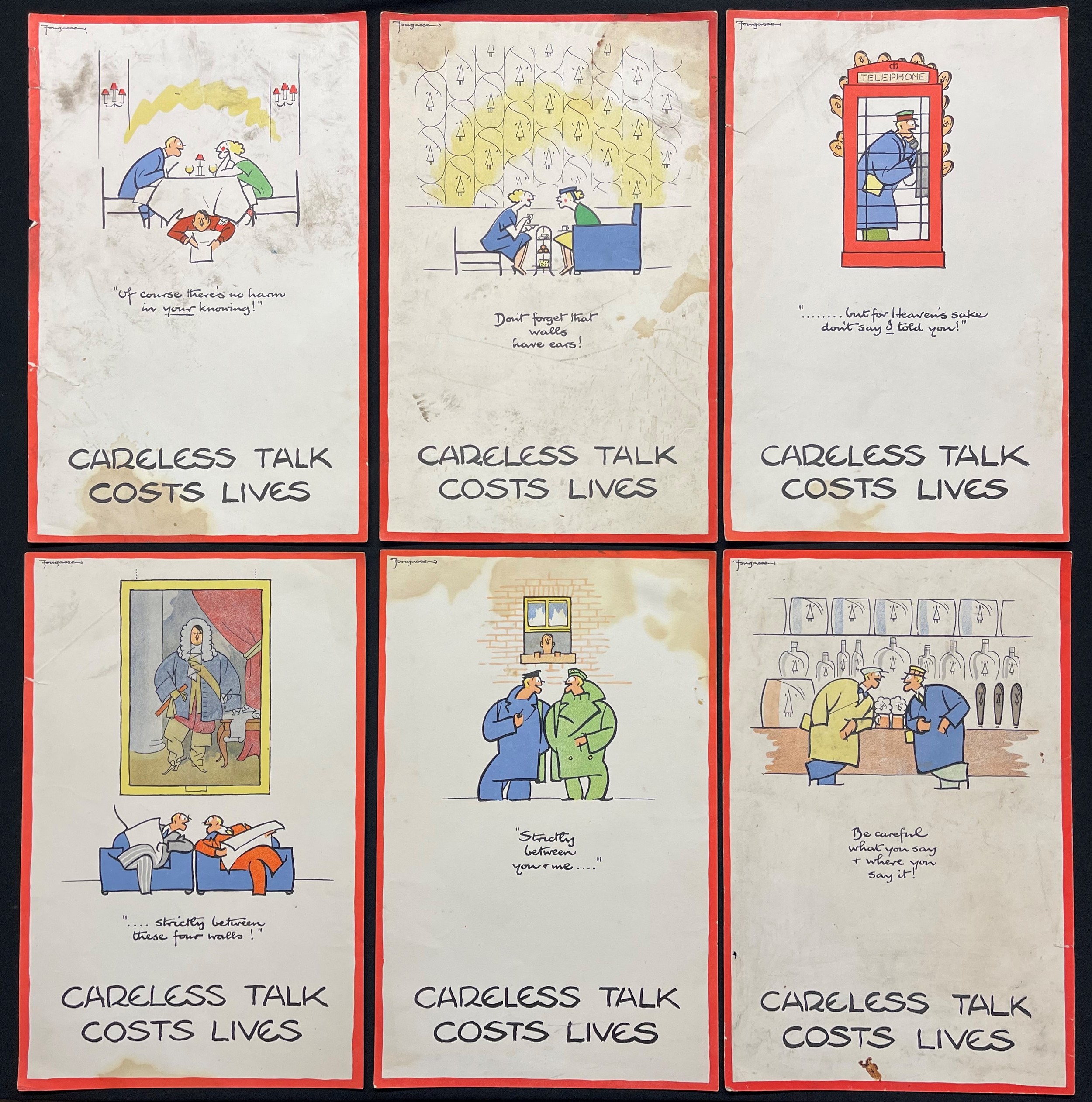 WW2 British original "Careless Talk Costs Lives" Poster Collection by "Fougasse" (Cyril Kenneth Bird 1887-1965). A collection of six different original wartime posters each measuring 32cm x 20.5cm. Printed on card.