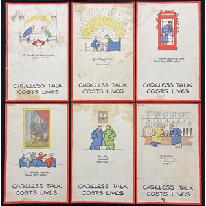 WW2 British original "Careless Talk Costs Lives" Poster Collection by "Fougasse" (Cyril Kenneth Bird 1887-1965). A collection of six different original wartime posters each measuring 32cm x 20.5cm. Printed on card.