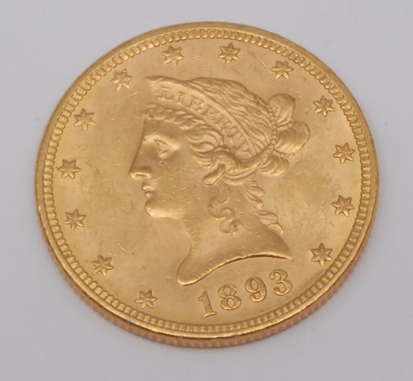 Numismatics – A United States of America $10 gold piece 1893 EF