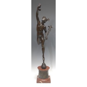Giambologna (1529-1608) after, a figural bronze, of Mercury, veined red marble and bronze mounted pedestal base cast in bas-relief with putti at play, 82cm high overall