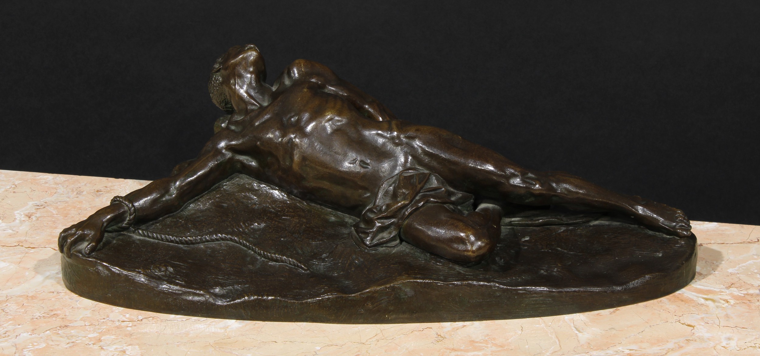 Anton van Wouw (1862-1945), by, Victor Van Hove (Belgian, 1826-1891), after, a dark patinated bronze, Esclave Après la Bastonnade, the base impressed Fond. Nisini, Roma, A. van Wouw, S.A. Joh-burg - 1907., 42cm wide  Anton van Wouw is well known for his portraits of the Shangaan, the indigenous people who lived in southern Mozambique and in the Northern Transvaal or Limpopo province of South Africa. He produced numerous small-scale sculptures, mainly of Boer and African figures, that were cast to order by the Giovanni Nisini and Galileo Massa foundries in Rome.