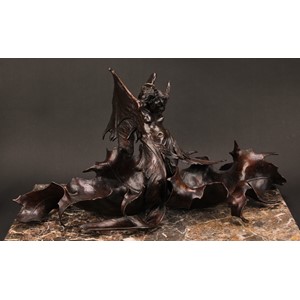 Rinaldo Carnielo (Italian 1853 - 1910), an Art Nouveau brown patinated bronze table centre, cast as a fantastical winged figure, signed in the maquette and dated 1883, foundry mark of Fonderia Carradori, Pistoia, 63cm wide