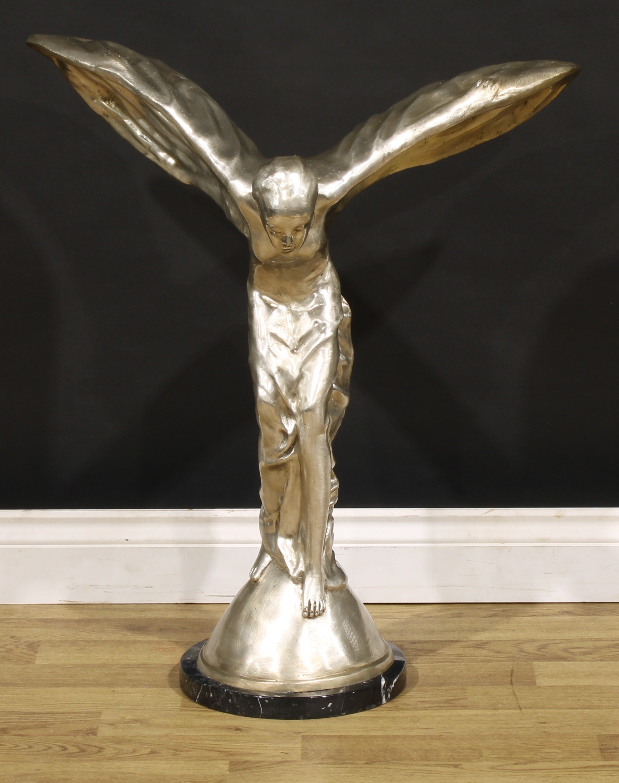 Charles Robinson Sykes, after, a large chromed metal model, Spirit of Ecstasy, inscribed P. PSAIER, marble base, 75cm high