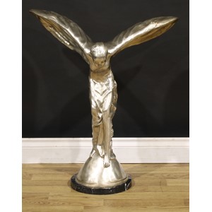Charles Robinson Sykes, after, a large chromed metal model, Spirit of Ecstasy, inscribed P. PSAIER, marble base, 75cm high