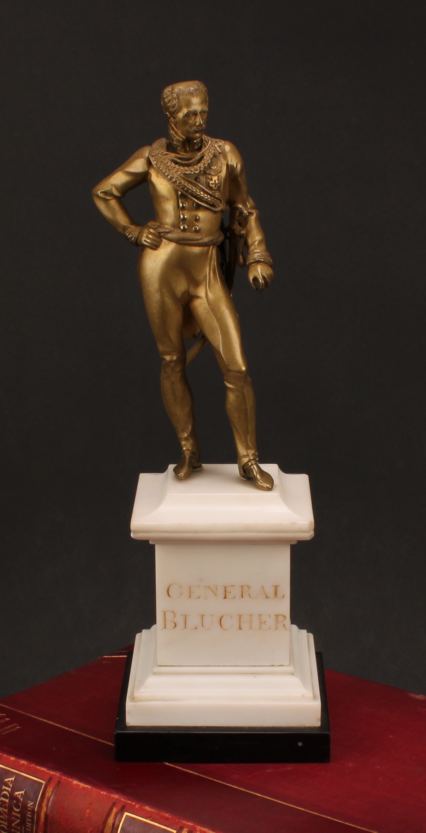 French School (19th century) a gilt bronze, of Gebhard Leberecht von Blücher, Prince of Wahlstatt, the marble plinth titled, 38cm high overall
