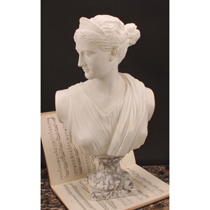 Italian School (20th century), a marble bust, of Diana the Huntress, after the Ancient Greek Leochares (c. 325 BC), on a marble base, 54.5cm high overall