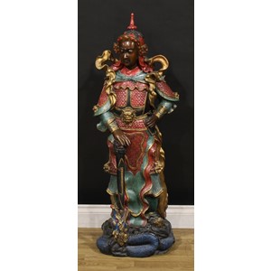 A large painted bronze, of a Japanese warrior, he stands in battle dress with a dragon at his feet, 112cm high, 20th century
