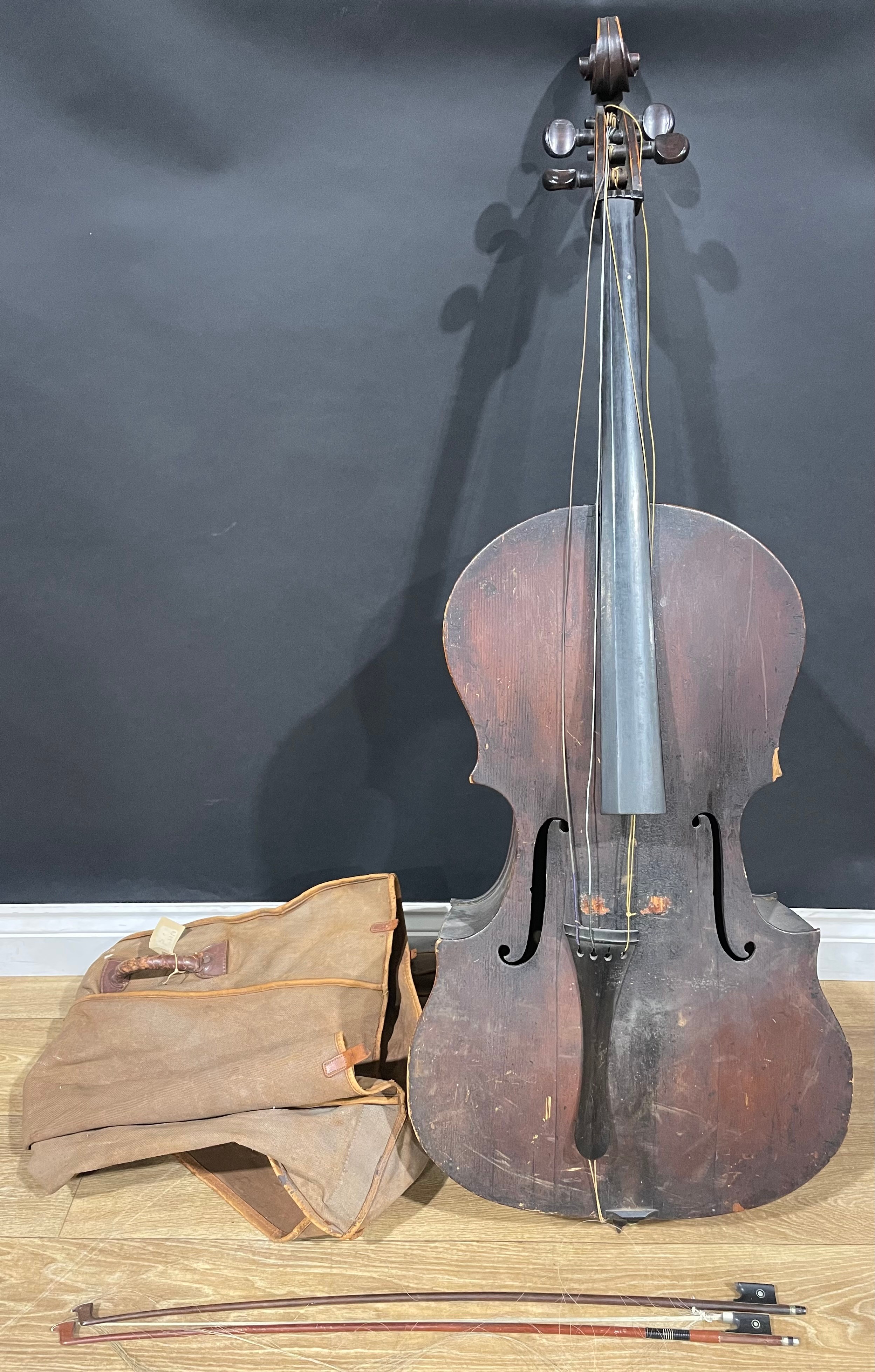 Musical Instruments - Mark William Dearlove (1803-1880) Interest - a 19th century or earlier cello, the two piece back measuring 74.5cm long, inside label inscribed REPAIRD [sic] BY DEARLOVE VICAR[AGE] LANE LEEDS VIOLIN MAKER TO THE GREAT EXHIBITION 1851, with bows and soft-case