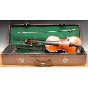 A violin, the one-piece back 36cm long excluding button, the interior stamped and with paper label printed Honore Derazy père a Mirecourt, rosewood tuning pegs, outlined throughout with purfling, 60.5cm long overall, the bow stamped Tourte, 75cm long, early 20th century fitted leather case