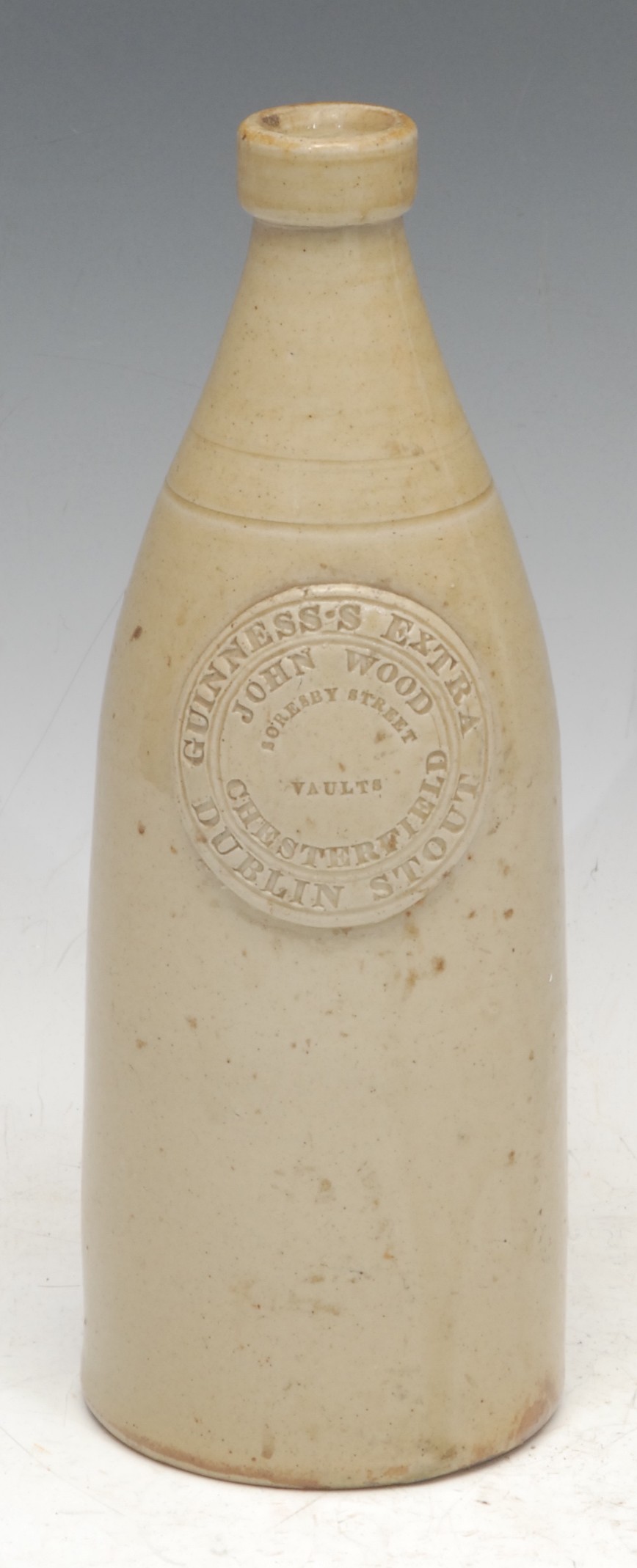 A rare slip glazed slab sealed stoneware porter, John Wood, Soresby Street Vaults, Chesterfield