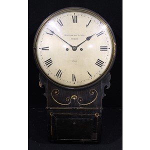 An early 19th century ebonised wall clock, 30.5cm dial inscribed WHITEHURST & SON, DERBY, 2806, Roman numerals, twin winding holes, twin fusee movement striking on a bell, 58cm high  The number 2806 indicates the clock was made by John Whitehurst II (1766-1834) in 1820.