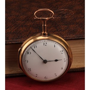 A George III 18ct gold pair cased pocket watch, Stephen Reed, New York, white enamel dial, Arabic numerals, signed movement, numbers 145*, chain drive fusee movement, 54mm diameter 18ct gold case, John Nevill, London 1805, 130.6g gross