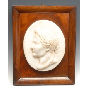 French School (19th century), an oval marble portrait bust, of Napoleon Bonaparte (1769-1821) facing to dexter, in relief, 23cm x 19cm