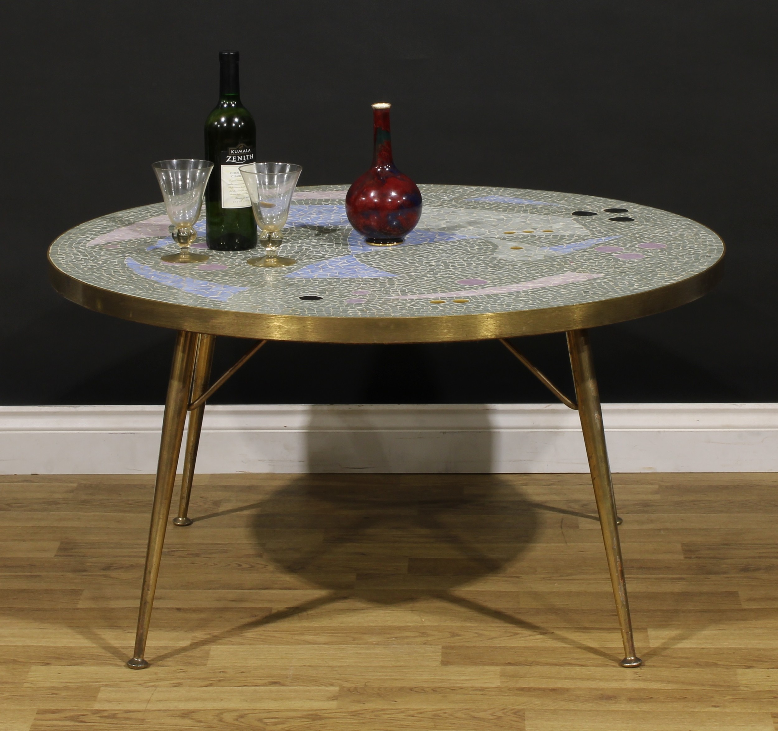 Mid-century Design - a circular mosaic and brass coffee table, probably by Berthold Müller-Oerlinghausen (German, 1893–1979), 54cm high, 100.5cm diameter, c.1960