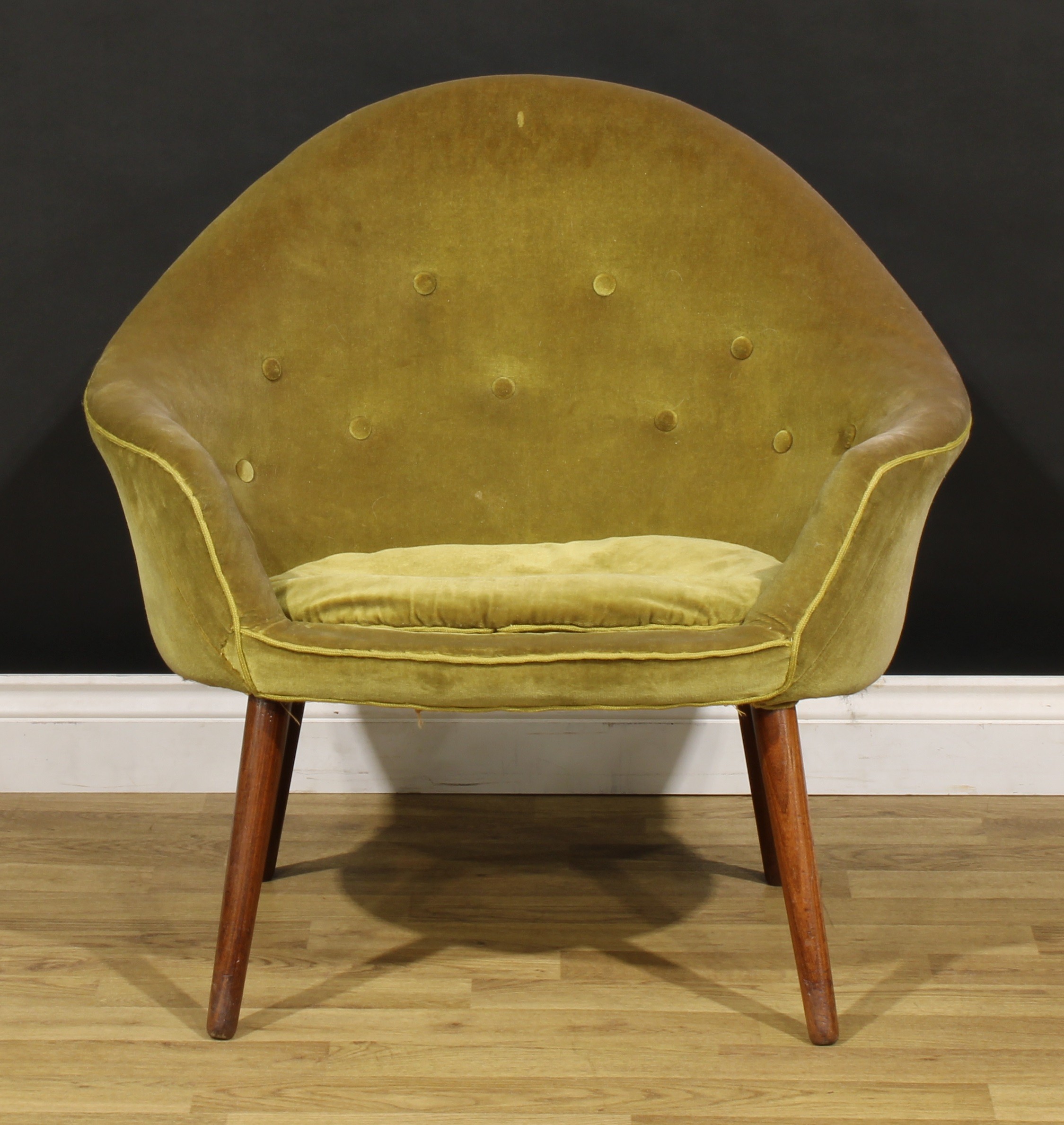 Mid-century Design - a Model 187 armchair, probably by Hans Olsen (Danish, 1919–1992) for Jørgensens Møbelfabrik, 74cm high, 80.5cm wide, the seat 50cm wide and 43cm deep, c.1965  NB - This lot is offered for sale as a work of art, the cushions may not comply with the Furniture and Furnishings (Fire) Safety Regulations 1988 and for this reason should not be used in a private dwelling.