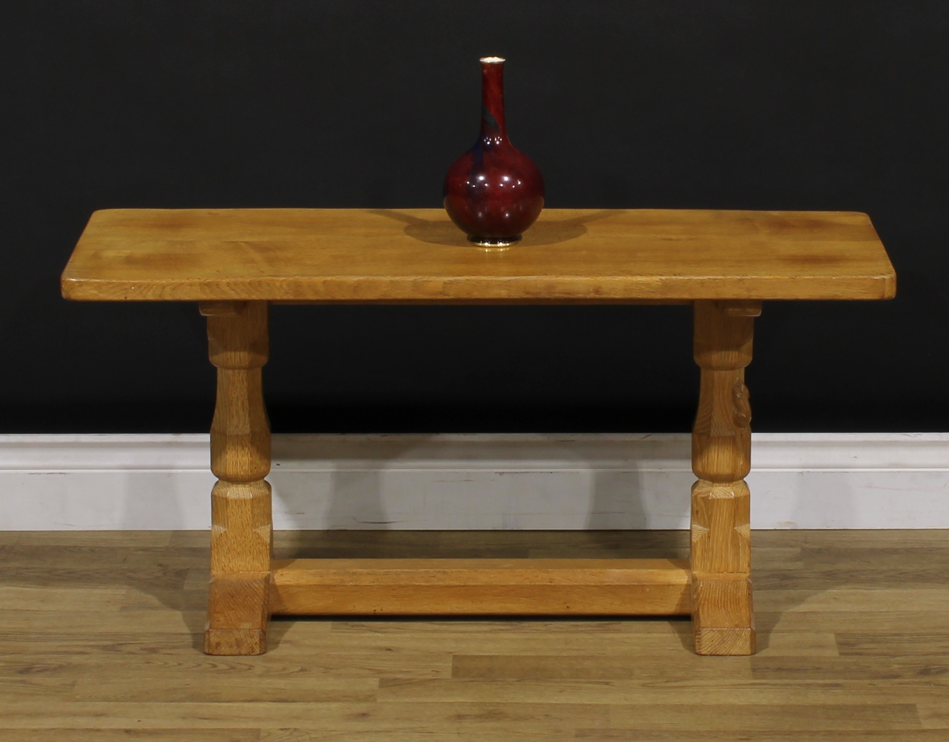 Robert Thompson, Mouseman of Kilburn - an oak coffee table, adzed top, carved mouse signature, 44cm high, 91cm long, 37.5cm wide