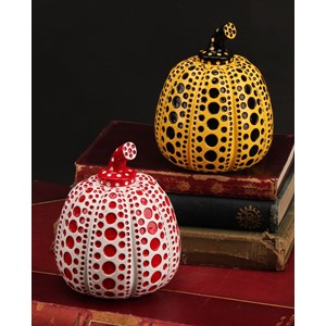 Yayoi Kusama (b.1929), a pair of painted cast resin multiples, Red & White Pumpkin and Yellow Pumpkin, 2016, each stamped with the artist's name on the base, 11cm high