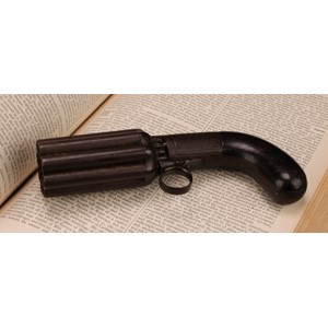 A 19th century eight-shot pepper-box revolver, 7.5cm barrel, engraved lock plate, two-piece grip, 19cm long, c.1860. NOTE: Section 58 (2) No Licence required in the UK.