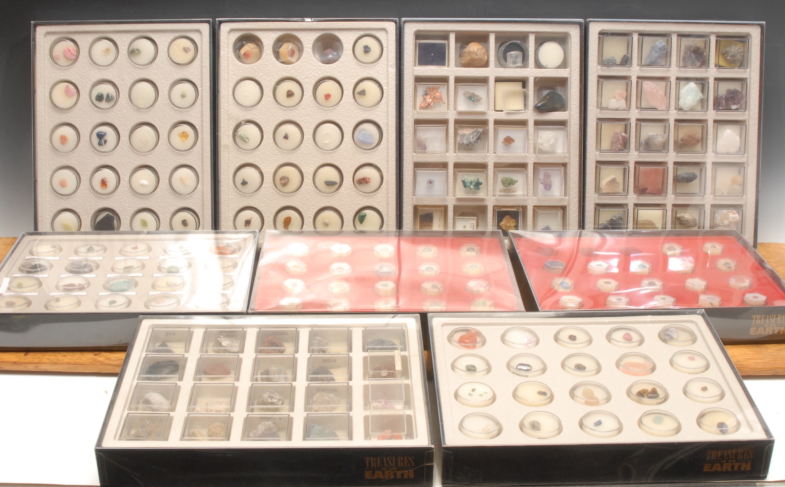 Geology - a collection of gemstones, minerals and rock specimens, each  specimen cased and labelled (9)     Provenance: From the private rock and mineral collection of the late Annie Kyte, deceased