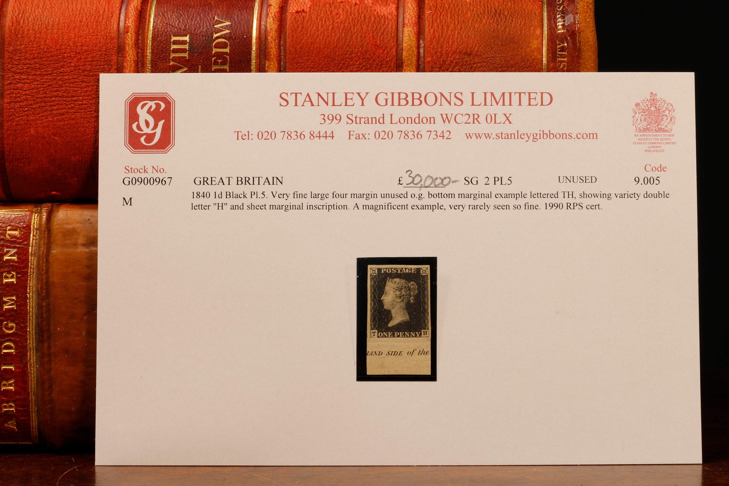 Stamps - QV 1840 1d black plate 5 very fine 4 margin unused own gum, small hinge cark, bottom marginal inscription lettered TH showing variety 'Double H', a magnificent example with original purchase order from Stanley Gibbons purs 1990 RPS certificate