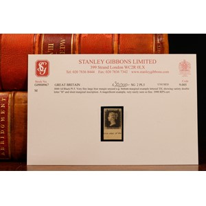 Stamps - QV 1840 1d black plate 5 very fine 4 margin unused own gum, small hinge cark, bottom marginal inscription lettered TH showing variety 'Double H', a magnificent example with original purchase order from Stanley Gibbons purs 1990 RPS certificate
