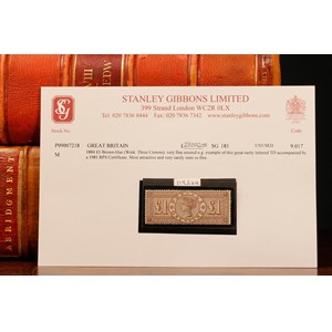 Stamps - QV 1884 £1 brown-lilac WMK 3 crowns very fine, unused own gum hinged mark, lettered TD SG:185, very rare in such fine condition, with original purchase order from Stanley Gibbons, plus a 1981 RPS certificate