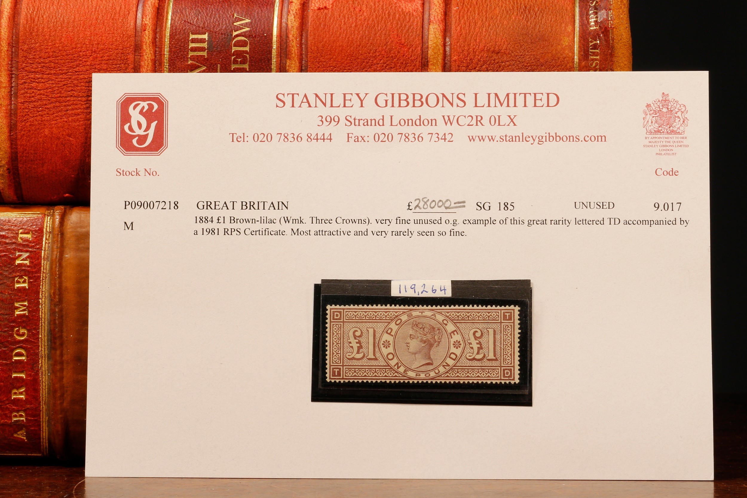 Stamps - QV 1884 £1 brown-lilac WMK 3 crowns very fine, unused own gum hinged mark, lettered TD SG:185, very rare in such fine condition, with original purchase order from Stanley Gibbons, plus a 1981 RPS certificate