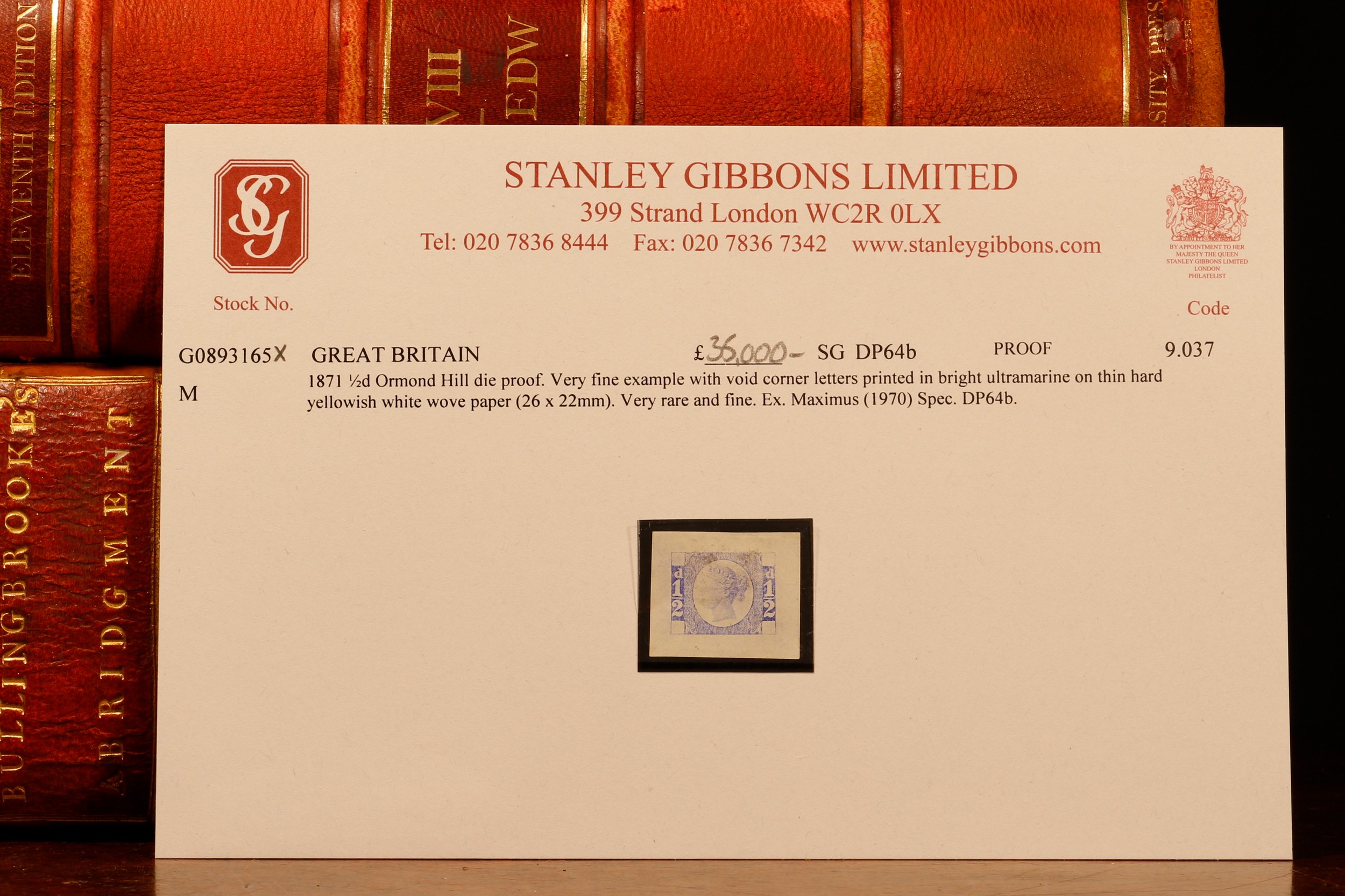 Stamps - QV 1871 1/2d Ormond Hill die proof, very fine example with void corner letters printed in bright ultramarine on thin hard yellowish white wove paper (26x22mm) very rare and fine Ex Maximus (1970) spec DP64b. original SG purchase order