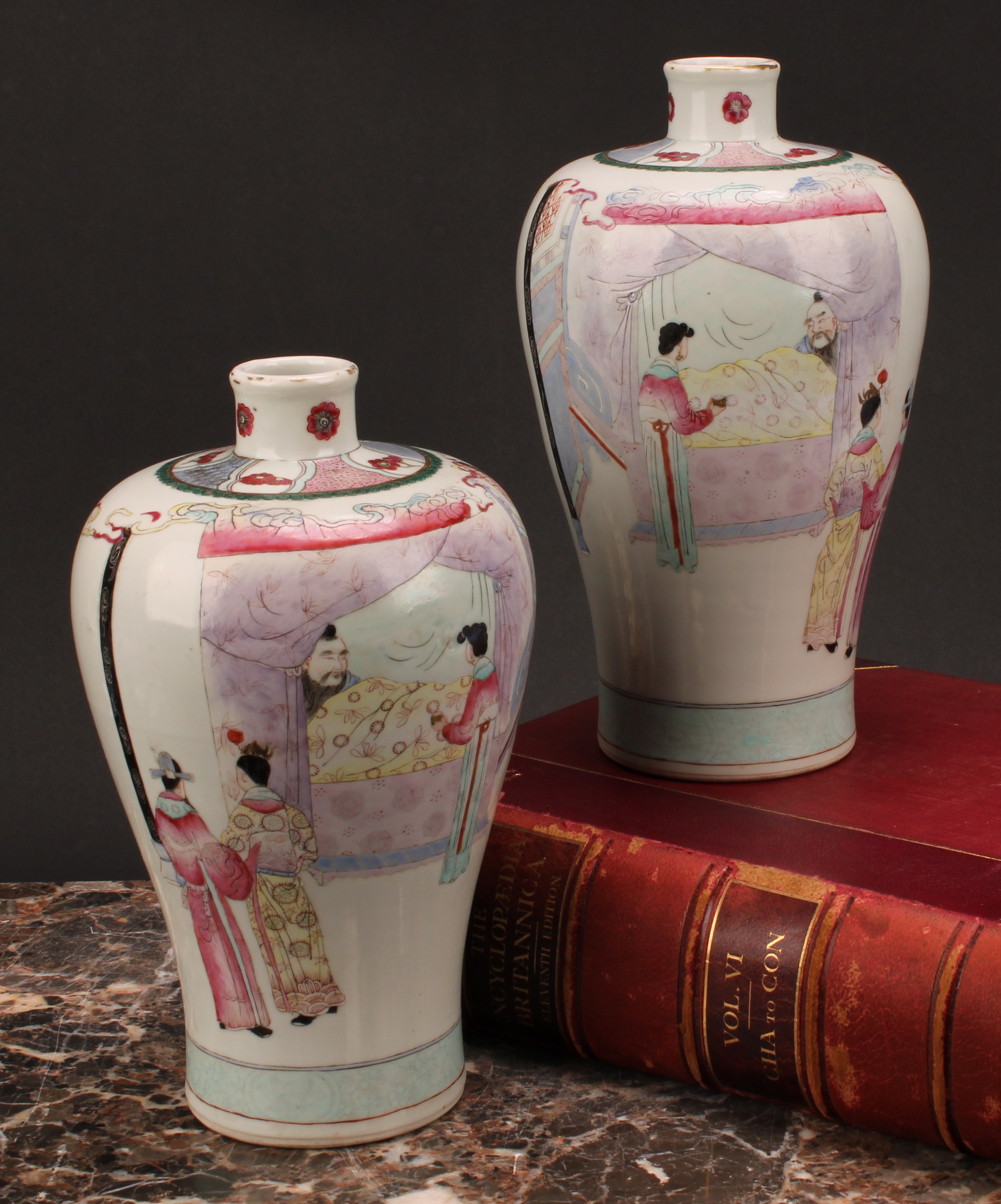 A pair of Chinese meiping vases, decorated in muted polychrome enamels, of a domestic interior, with a figure attended to in bed, 24cm high, six character mark, 19th century or earlier