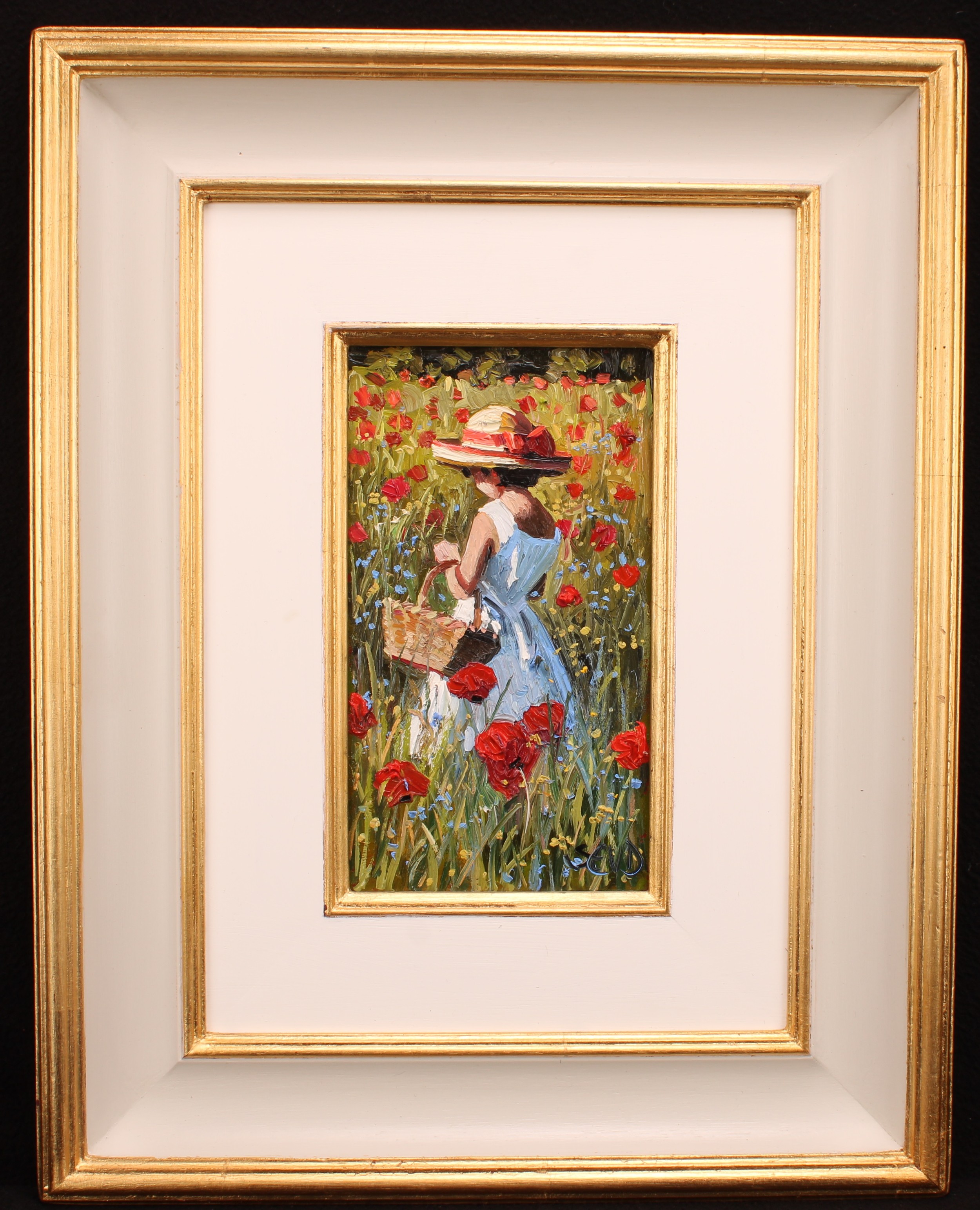 Sherree Valentine-Daines (b. 1956) The Flower Basket, signed, oil on board, 24cm x 13.5cm  Provenance: labels to verso, Whitewall Galleries receipt and insurance valuation en suite.