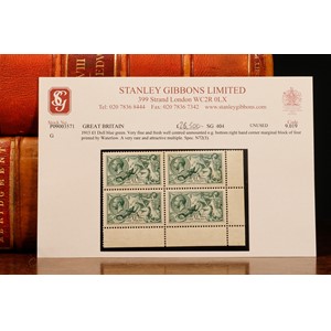 Stamps - GV 1913 £1 dull blue green block of four bottom r/h corner, well centered unmounted mint, a very rare example Spec. N72 (3)