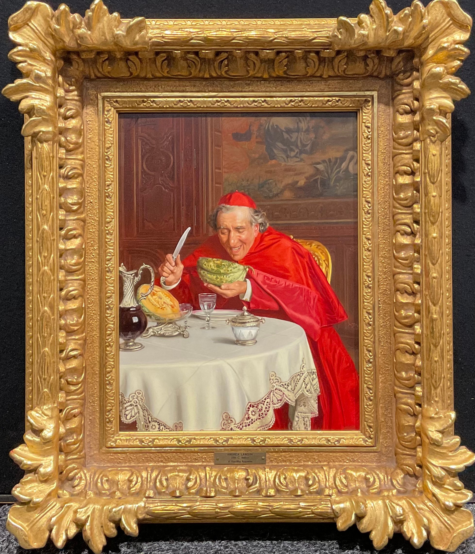 Andrea Landini   A Healthy Appetite   signed, oil on panel, 35cm x 26cm, gilt Rococo frame