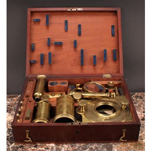 A George III lacquered brass solar microscope, two-part tube, rack and pinion focusing, long mirror, folding Y-shaped stand, various accessories and accoutrements, fitted mahogany box 31cm wide, late 18th/early 19th century