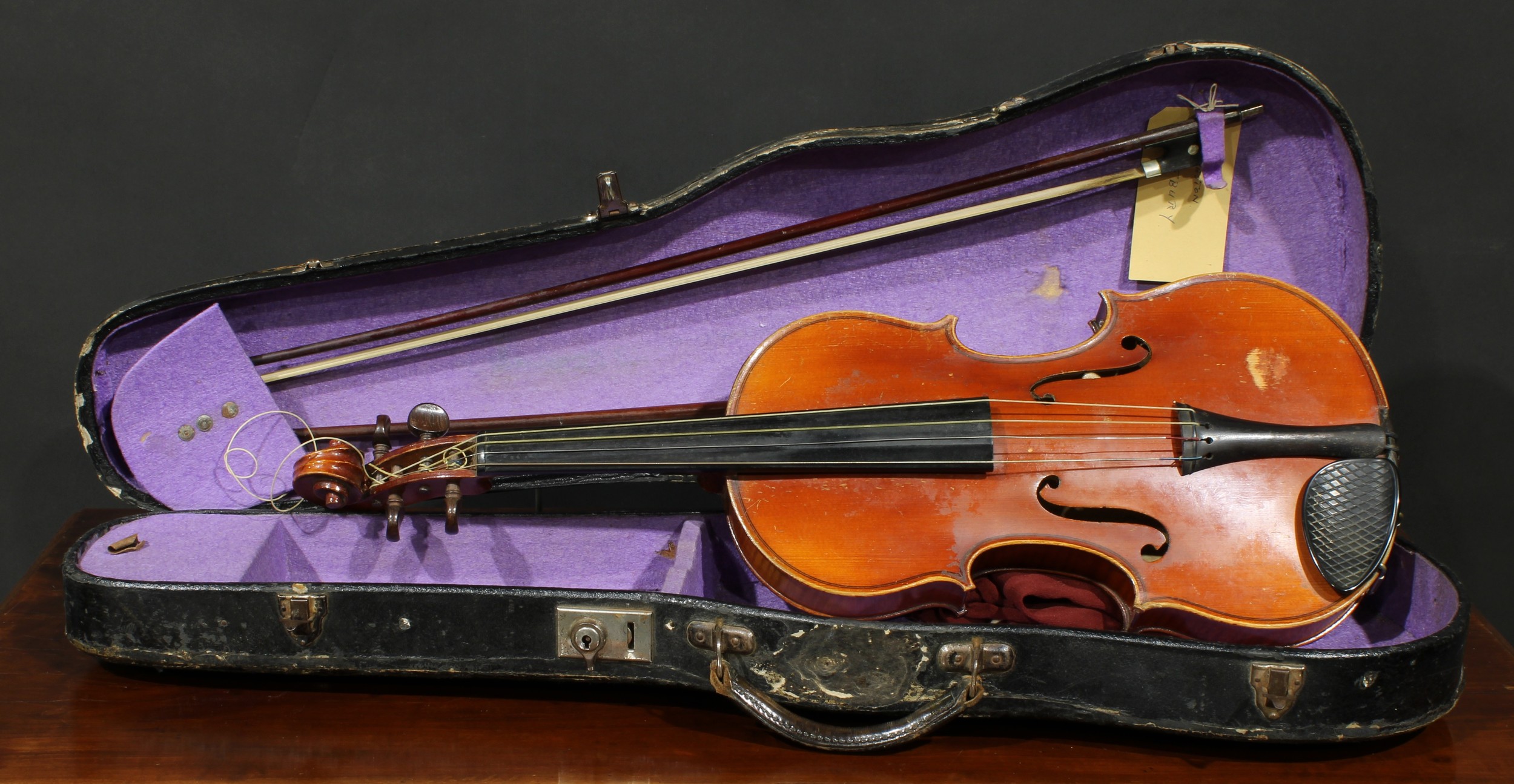 A French viola, the two-piece back 41cm long excluding button, paper label printed Copie d'apres A Stradivarius, Annee 1936 [dated in ink MS], rosewood tuning pegs, 67cm long overall, the bows unsigned, 75cm and 71.5cm long, cased