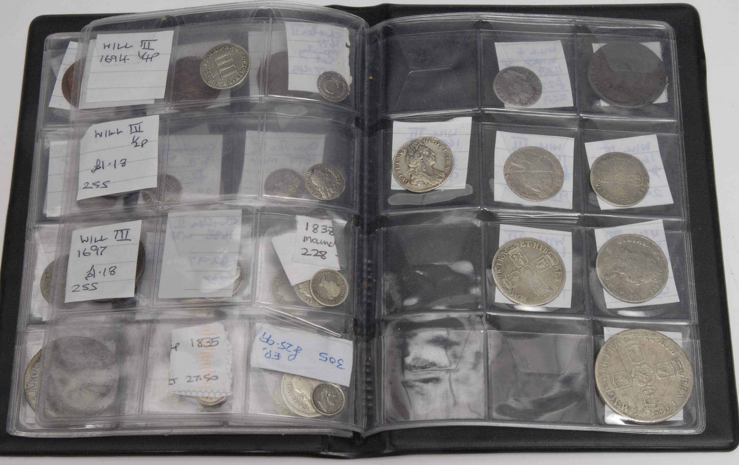 Coins - Hammered and Early Milled - an Elizabeth I sixpence, 1572; a James II 3d, 1686; a James II groat, 1687; a Charles II half crown, 1663; a Charles II maundy coin, 1679; a William III half crown, 1696; others, silver and base metal (46) (album)