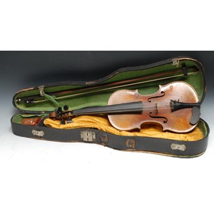 A violin, the two-piece back 35.75cm long excluding button, paper label Straduarius Cremonensis Faciebat Anno 1730, stamped to verso Solo Artist Violin, ebony tuning pegs, outlined throughout with purfling, 60cm long overall, the bow apparently unsigned, cased