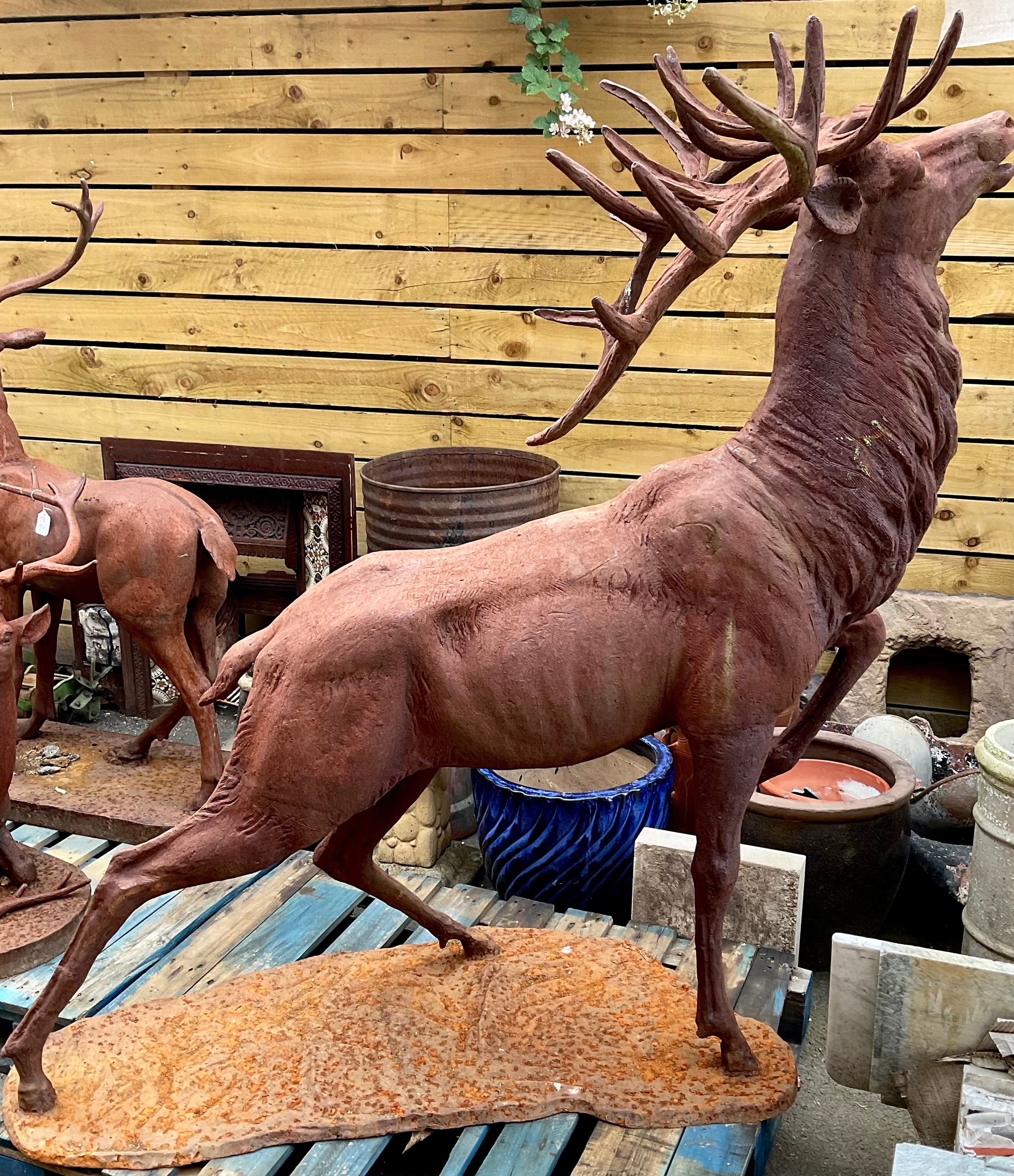 A large iron garden statue, naturalistically cast as a red deer stag, 168.5cm high
