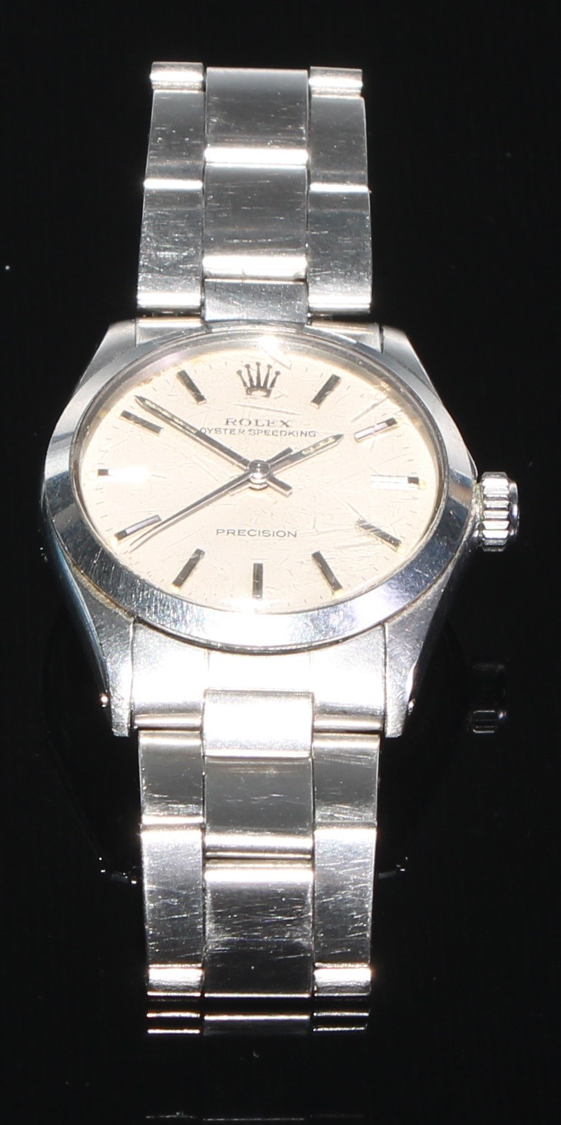 Rolex - a stainless steel manual wind gentleman's Oyster Speedking Precision wristwatch, silvered hour batons, minute track, smooth bezel, tonneau shaped case, reference number 6430, IV65, fitted to Oyster bracelet marked 251,  5255 17 jewel signed movement numbered 1225. movement signed Montres Rolex S.A. Geneva Swiss, screw down signed winder, 28mm diameter