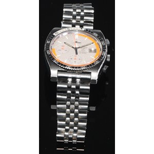 Heuer - a 2000 series (Soccer) automatic 183.006 chronograph wristwatch, textured dial, block baton, orange grey two tone minute track, three subsidiary registers, orange centre seconds, rotating bezel, black case water resistant to 60 meters, original black bracelet strap, deployment buckle, 39mm wide. c.1984