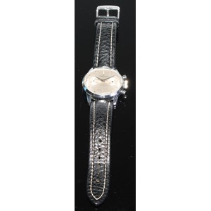 Breitling - a mid 20th century Gentleman's 1191 wristwatch, textured silvered dial, block batons, minute track, centre seconds, two subsidiary registers, manual wind 188 cal 17 jewel movement, stainless steel case, serial No 949354, associated black leather strap & buckle, 35mm diameter