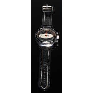 Breitling - a 1970s Sprint chronograph wristwatch, two tone black and grey dial, twin subsidiary registers, manual wind movement, stainless steel case, serial No 1341890,  associated black leather strap, 37mm diameter