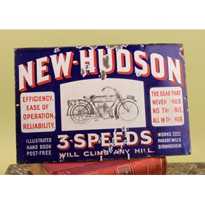 A rectangular enamel sign, 'NEW-HUDSON 3-SPEEDS WILL CLIMB ANY HILL', early 20th century
