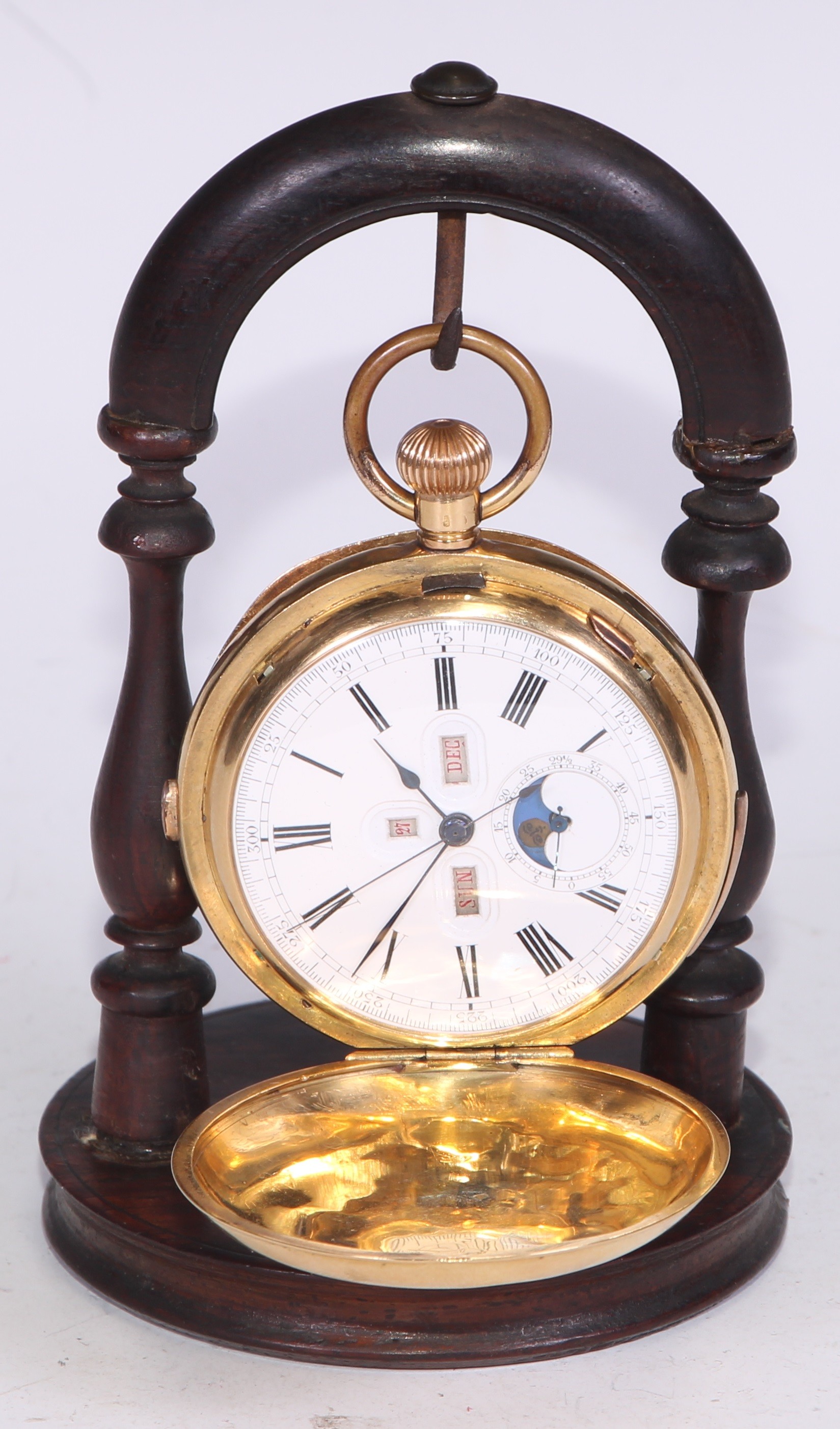 An 18ct gold full hunter minute repeater chronograph calendar pocket watch, 5cm enamel dial with Roman numerals, Arabic outer chapter to 300 seconds, day, date, month and moon phase apertures, keyless movement, 8cm over loop, the inner and outer case marked 18K and numbered 200643, 146.1g gross