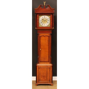 A John Whitehurst longcase clock movement, 30.5cm square brass dial inscribed Jno Whithurst (sic), Congleton, silvered chapter ring with Roman and subsidiary Arabic numerals, subsidiary seconds dial and calendar aperture, twin winding holes, eight day movement striking on a bell, the associated oak and mahogany case with swan neck pediment centred by a brass eagle capped sphere finial, shaped rectangular door to waist flanked by inset quarter-columns, skirted base, bracket feet, 215cm high, 51cm wide, 24cm deep