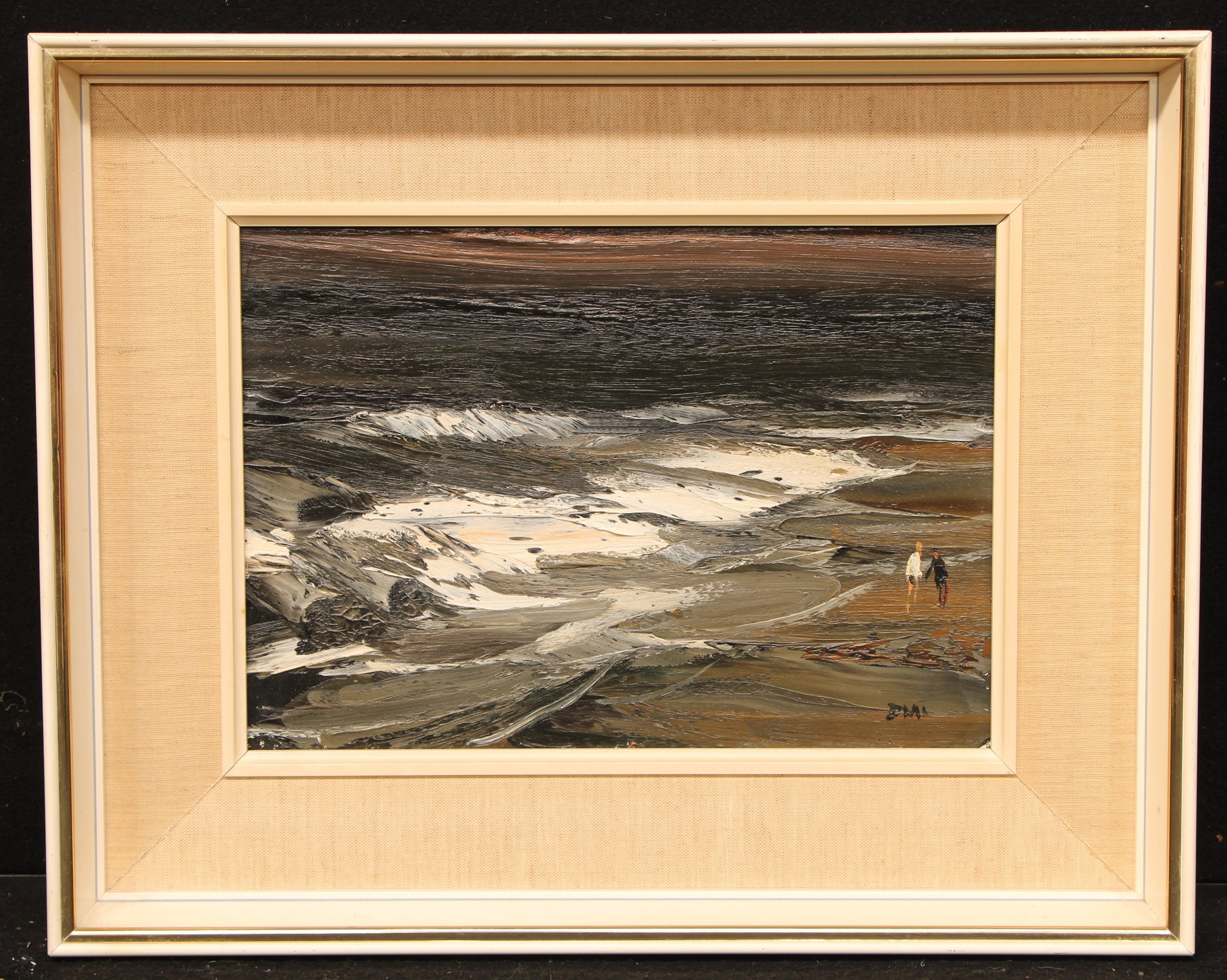 Donald McIntyre (1923-2009)  Children and Winter Sea signed with initials, oil on board, 24cm x 34cm