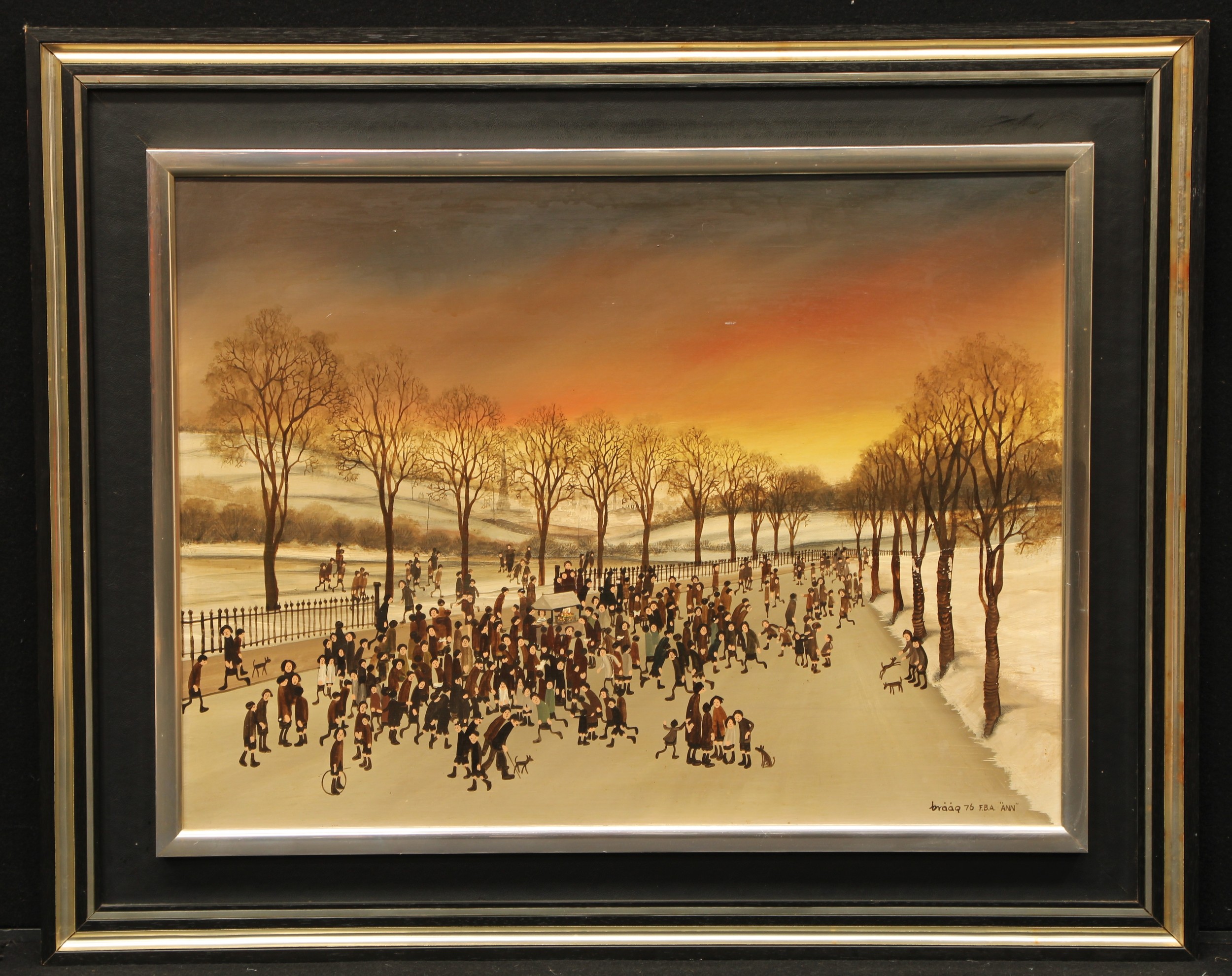 Braaq (Brian Shields) (1951-1997) Bustling Park signed, inscribed and dated 'braaq 76 F.B.A. “ANN”, oil on board, 44.5cm x 59.5cm
