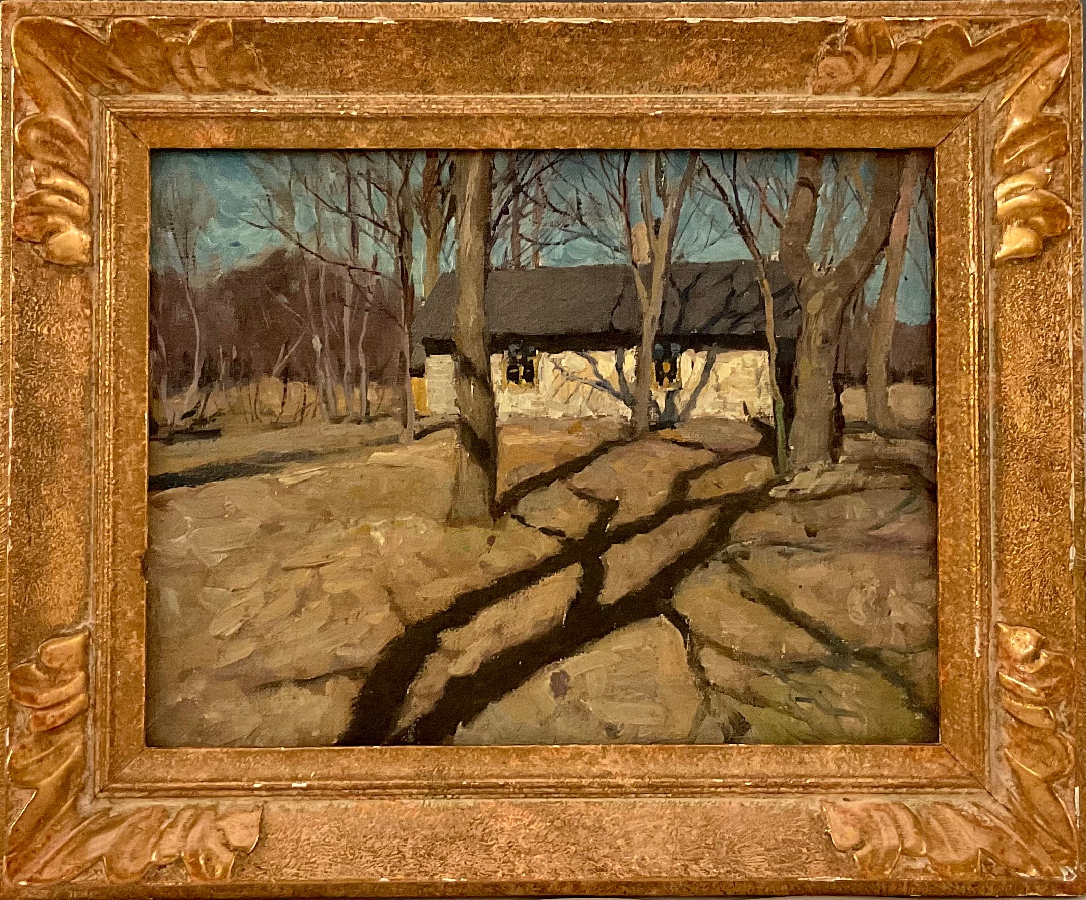 T Thomson McKenzies Cabin, Near Lake Garry, Canada inscribed to verso, oil on board, 22.5cm x 30cm