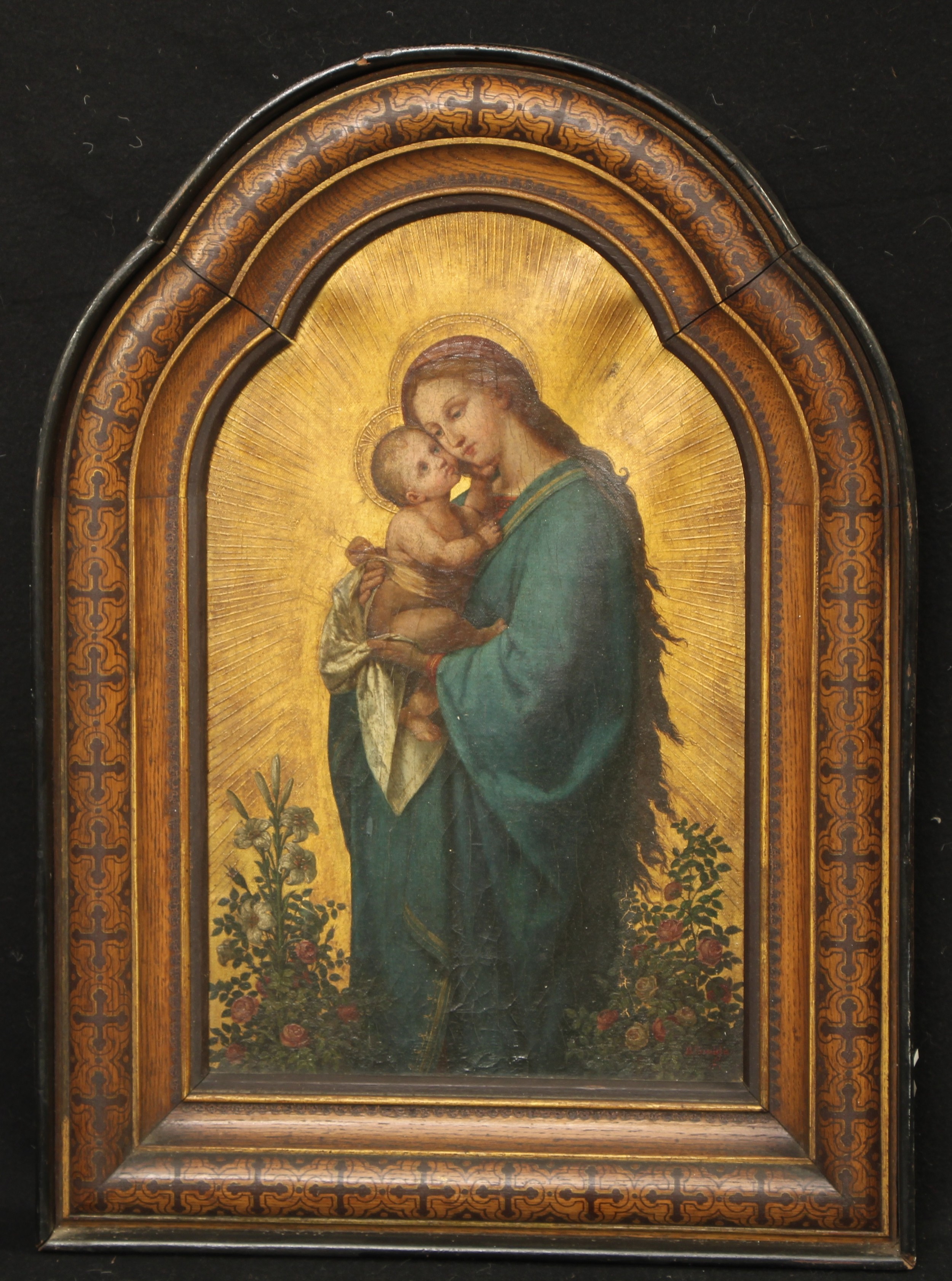 B Budde (19th century) Pre-Raphaelite Madonna and Child signed, oil on canvas, arched, 48cm x 29.5cm, painted and parcel gilt oak frame, 66cm x 48cm overall