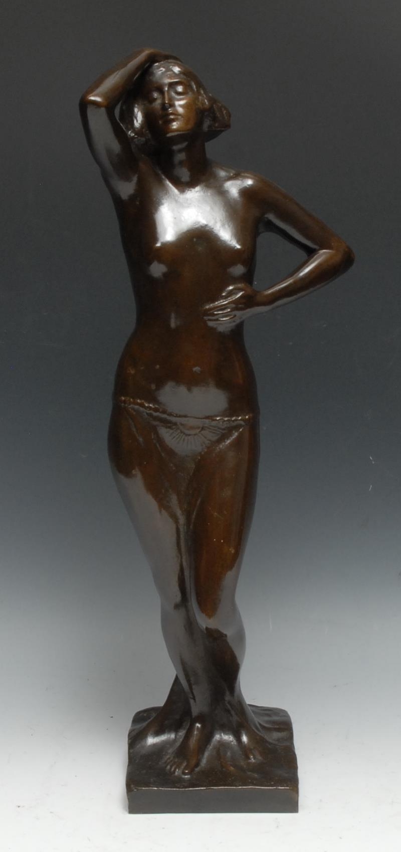 Dora Ohlfsen [Ohlfsen-Bagge] (Australian 1869 - 1948), a brown patinated bronze, of an Art Nouveau dancer, signed in the maquette, 50cm high.
