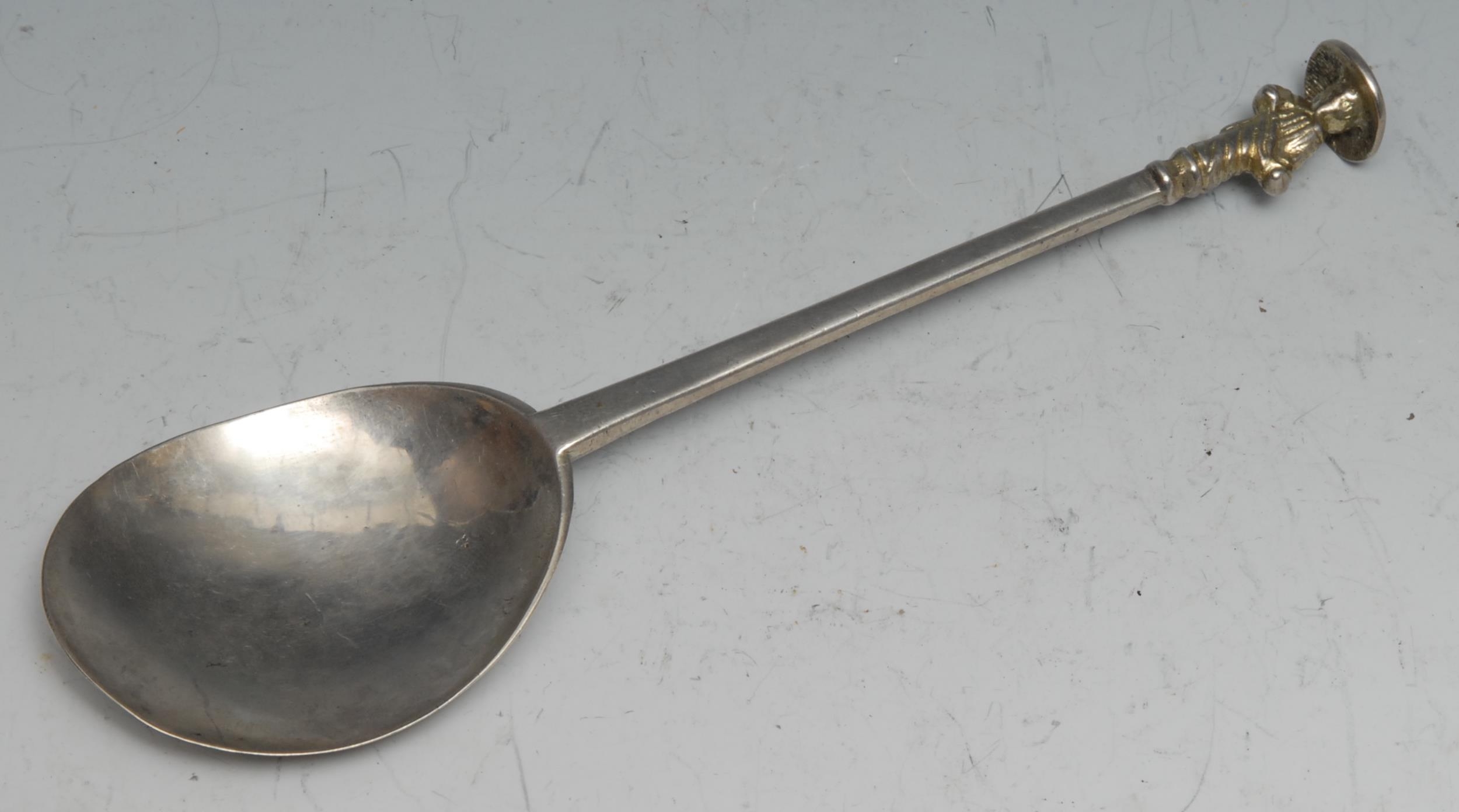 A 17th century West Country provincial silver Apostle spoon, gilt finial, 19cm long, maker CR, c.1650  Reference: Jackson records this unascribed mark on an Apostle spoon of c.1650 and 'probably from [the] Taunton area  Pickford, Ian, Jackson's Silver & Gold Marks of England, Scotland & Ireland, Antique Collectors Club, Woodbridge 1989, p.324